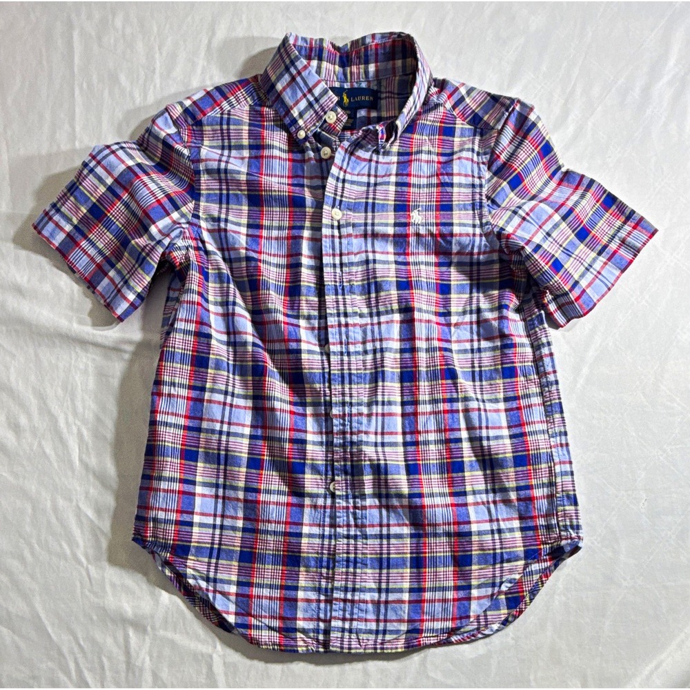 Ralph Lauren Boys Size S 8 Plaid Cotton Short Sleeve Button Up Shirt Polo Pony